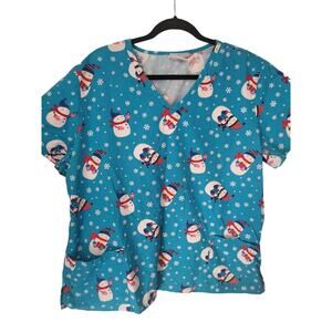 SB Scrubs Snowman Print Medical Scrub Top XL Womens Blue White Short Sleeve
